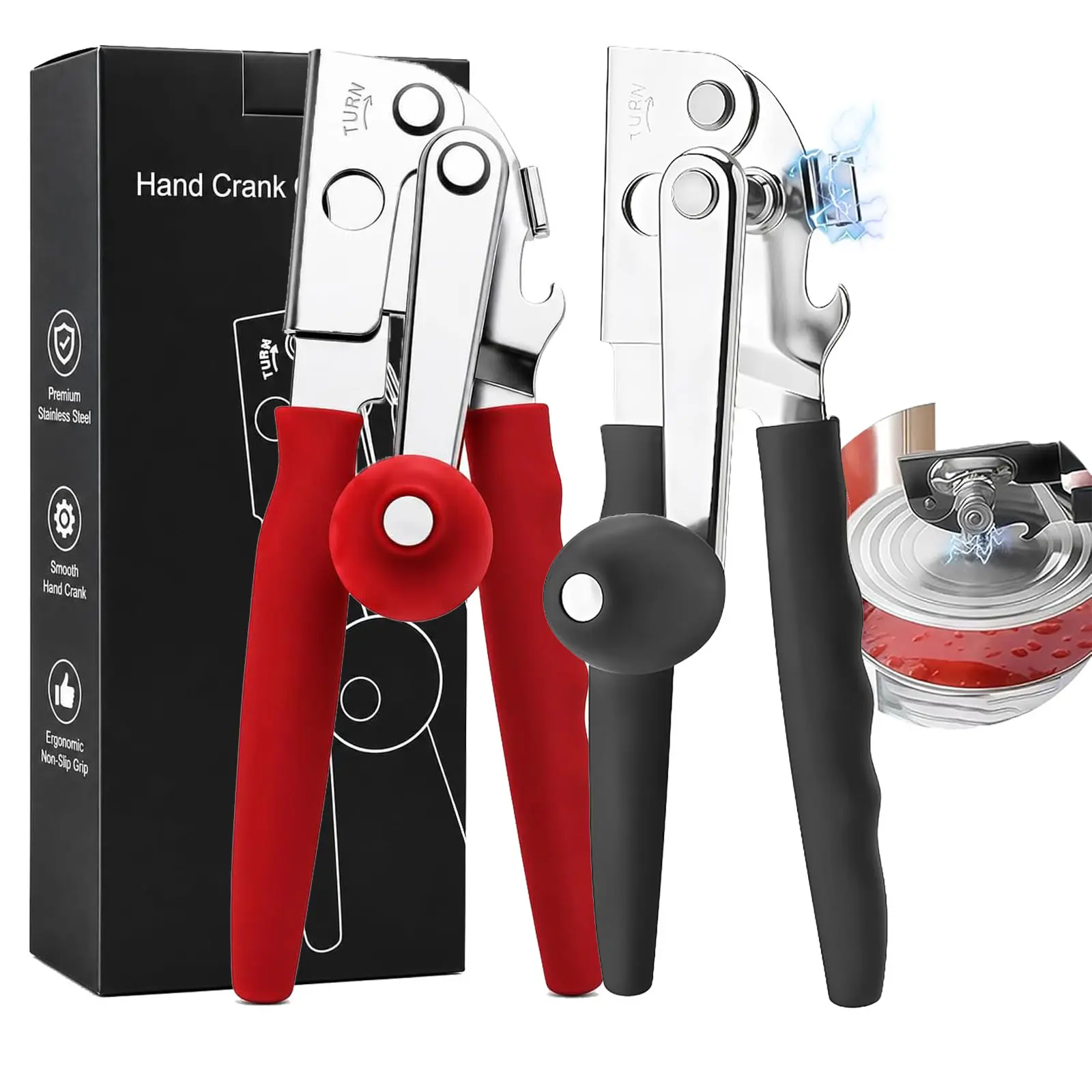 Sturdy Steel Manual Can Opener with Sharp Blade, Smooth Hand Crank - Compact Powerless Specialty Kitchen Tool, Rubber-Coated Long Handles, Easy Turning, Full Control for Restaurant Food Prep