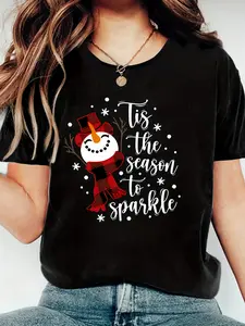 Women's Holiday Snowman "This Season To Glitter" T-Shirt: Cotton casual summer crewneck, stretch knitted fabric, snowman "This Season To Glitter" slogan, Christmas holiday adult top;