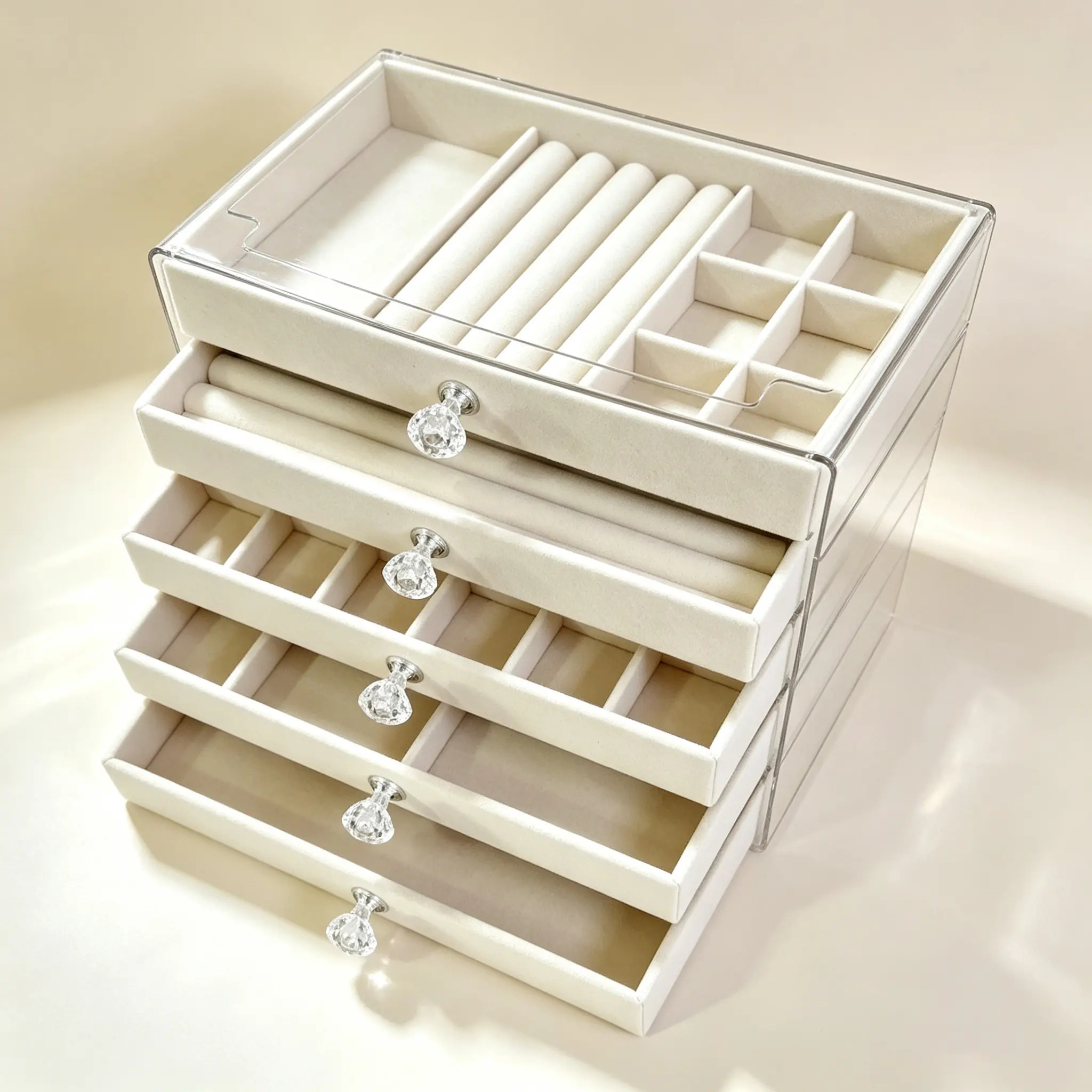 5-Layer Square Acrylic Jewelry Box Organizer - Compartmentalized, Dustproof, Durable Storage with Velvet-Lined Drawers for Rings, Necklaces, Earrings, Transparent Modern Design
