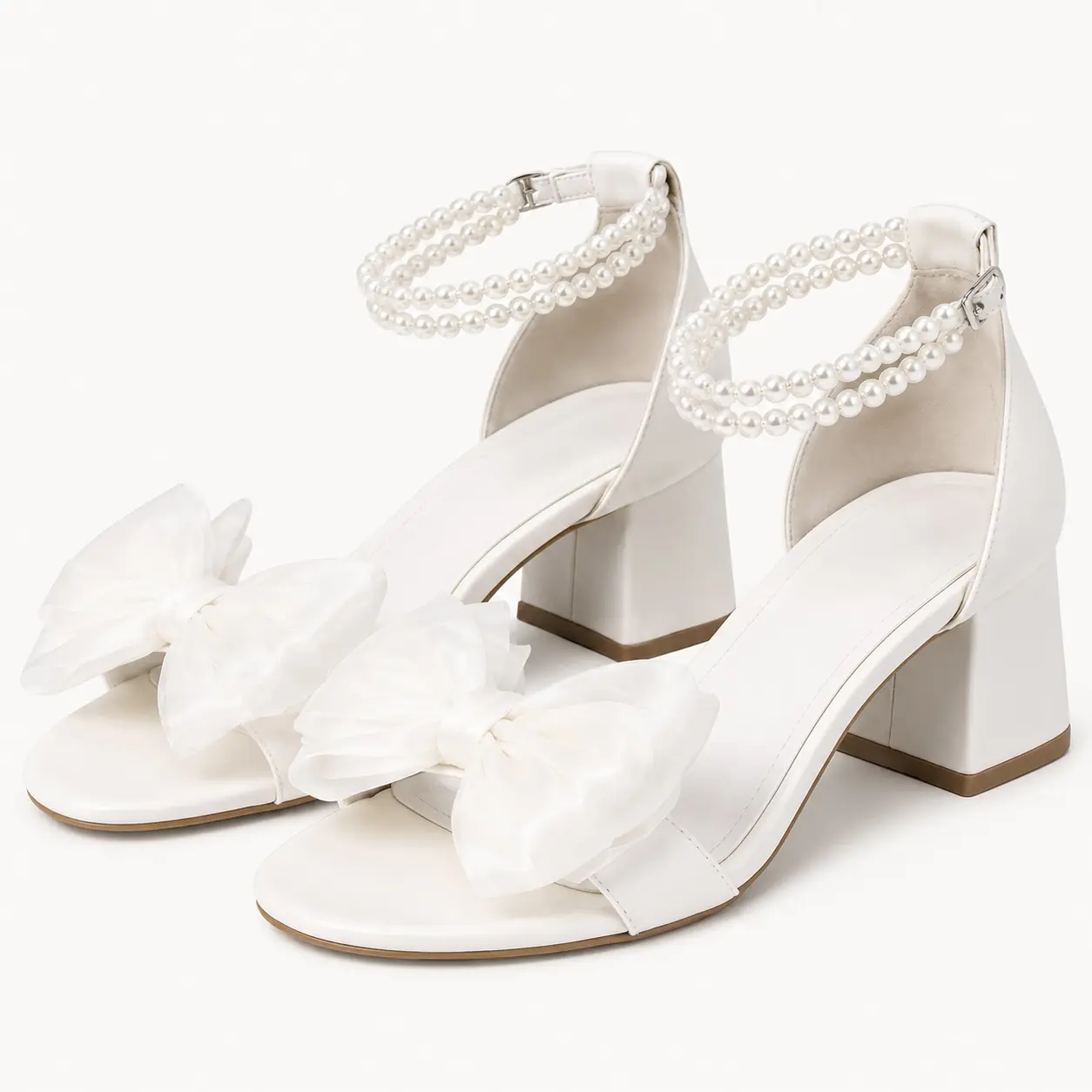GeeYea women’s White Pearl Ankle Strap Block Heel Sandals, Open Toe Dress Heels with Sheer Bow Detail, PU Upper & PVC Sole, Elegant Shoes for Wedding, Party, Date Night & Spring Summer Outfits
