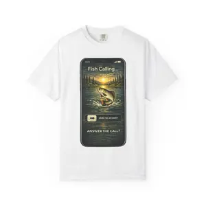 Fish Calling phone screen T-Shirt | fishing graphic, bass jumping, lake sunset