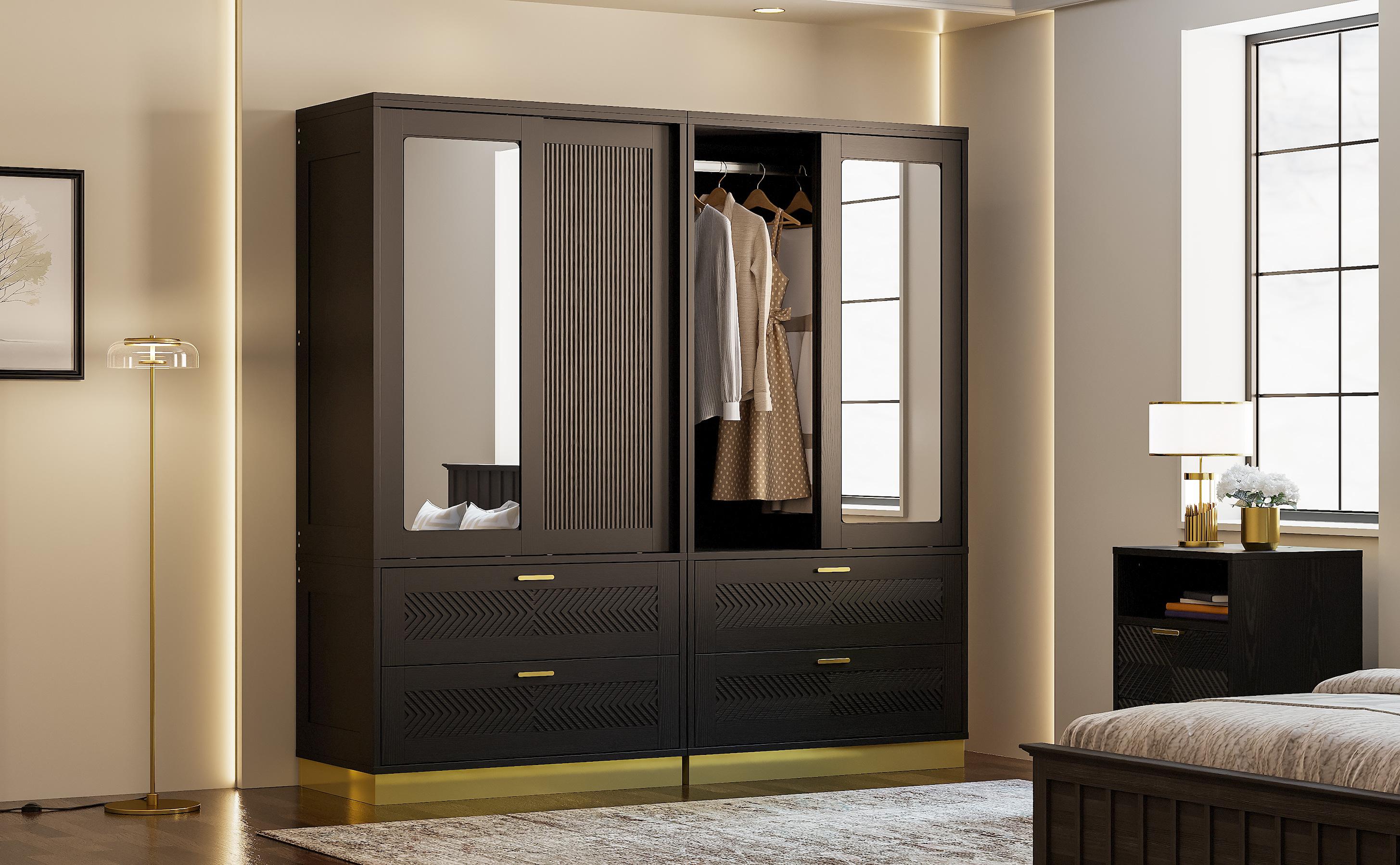 ANCTOR 71" Modern Armoire Wardrobe Closet with Mirror, 2-Door Tall Wardrobe Closet with Sliding Doors 2 Large Drawers Hanging Rod Anti-Tip Kit Freestanding Closets for Bedroom, Apartment, Cloak Room