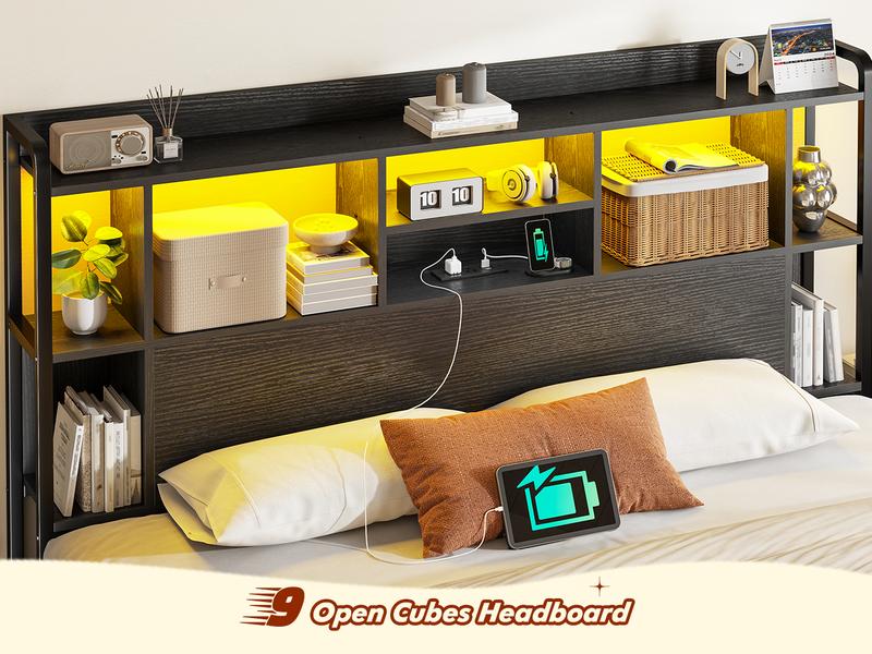 Raybee Modern Queen Bed Frame with 51" Tall Headboard, 9 Storage Compartments & 4 Drawers,  LED Platform Bed Frame with Charging Station,  Holds 1200LBS with Metal Frame  & Slats, No Noise, No Box Spring Needed,  Full, King, Black, Rustic Brown