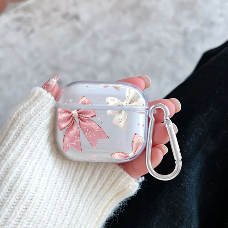 Bow Elegance Pattern TPU Soft Protective Case for Apple AirPods 4/3/2/1/Pro/Pro2 Transparent Earphone Cover with Keychain Attachment,back to school,back to school haul