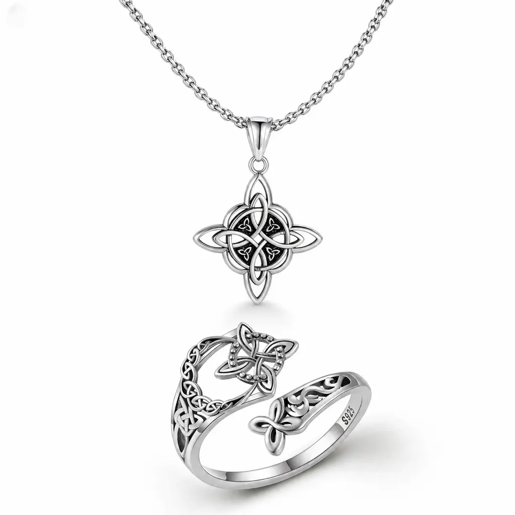 Witch Knot Jewelry Set, Vintage Oxidized 925 Sterling Silver Necklace and Adjustable Celtic Fox Ring for Women, Hypoallergenic Protection Amulet, Fashion, Irish, Daily, Pendant, Holiday Party, Jewellery Gift Set, Accessory Set