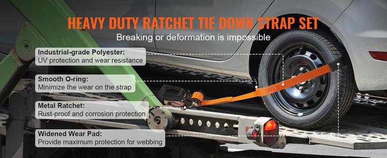 VEVOR Ratchet Tie Down Straps 4-Pack Kit, TikTokShopBlackFriday, 2" x 120" Tire Straps, 5512 LBS Working Load, 11023 LBS Breaking Strength, Car Tie Down Straps with Snap Hooks for Passenger Car, Truck, Trailer