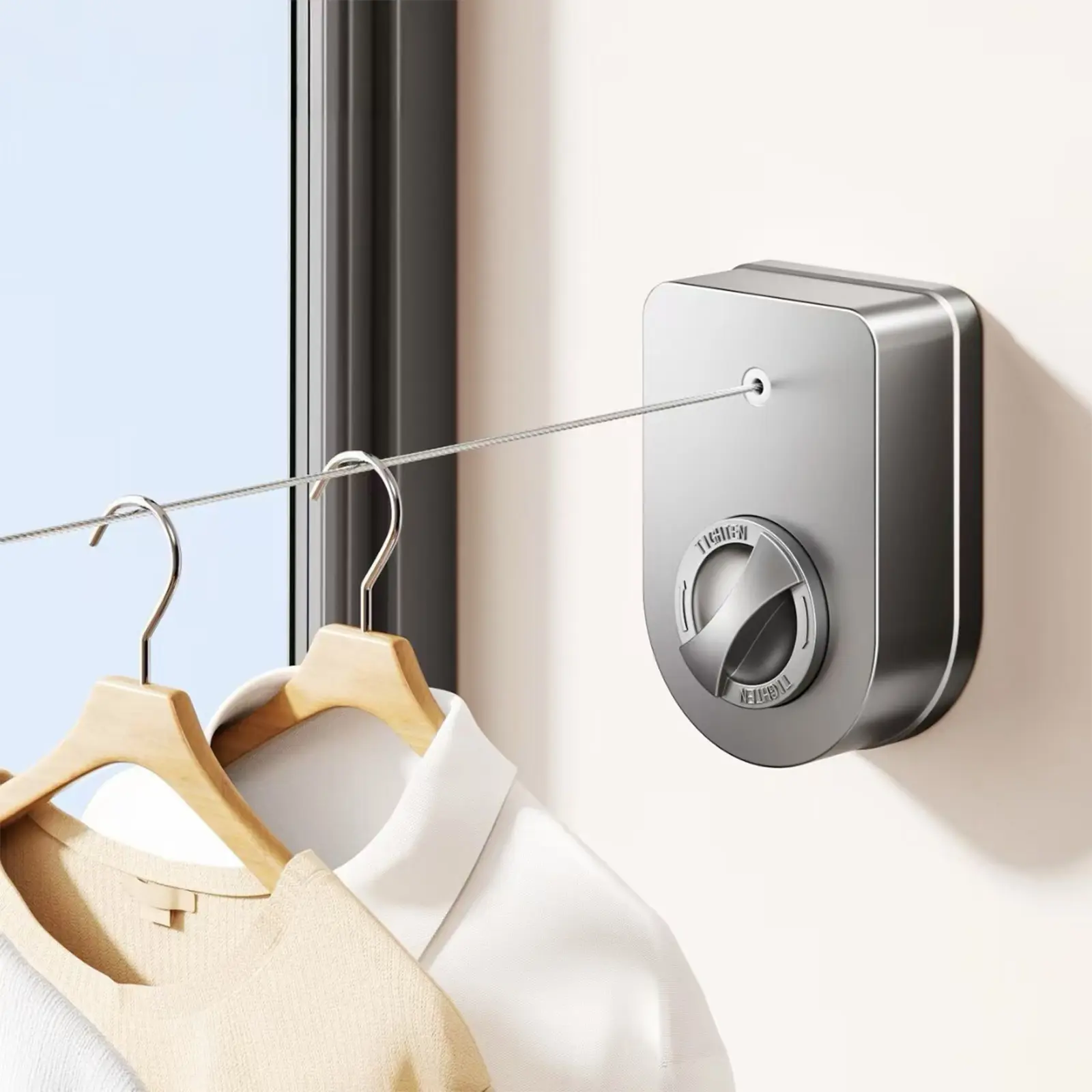 Heavy-duty retractable wall-mounted invisible clothes drying line — single unit, no dangling cables, stainless steel drying line with 4.2 m drying rope and storage box; matte black household accessory, suitable for laundry rooms and indoor/outdoor use; wa
