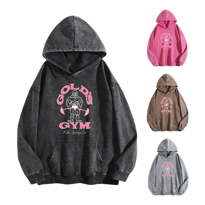 Holafish GYM Print Acid Wash Hoodie Essential For Fitness Enthusiasts Vintage 2025 Sweatshirt Oversized Loose Fit Winter Warm Streetwear Casual Tunic graphic