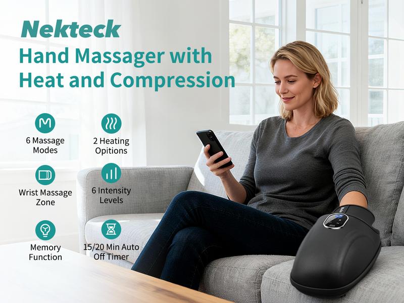 Nekteck Hand Massager with Heat and Compression, 6 Massage Mode, Massage for Wrist, Palm and Finger, Gift for Women Men (Rechargeable)