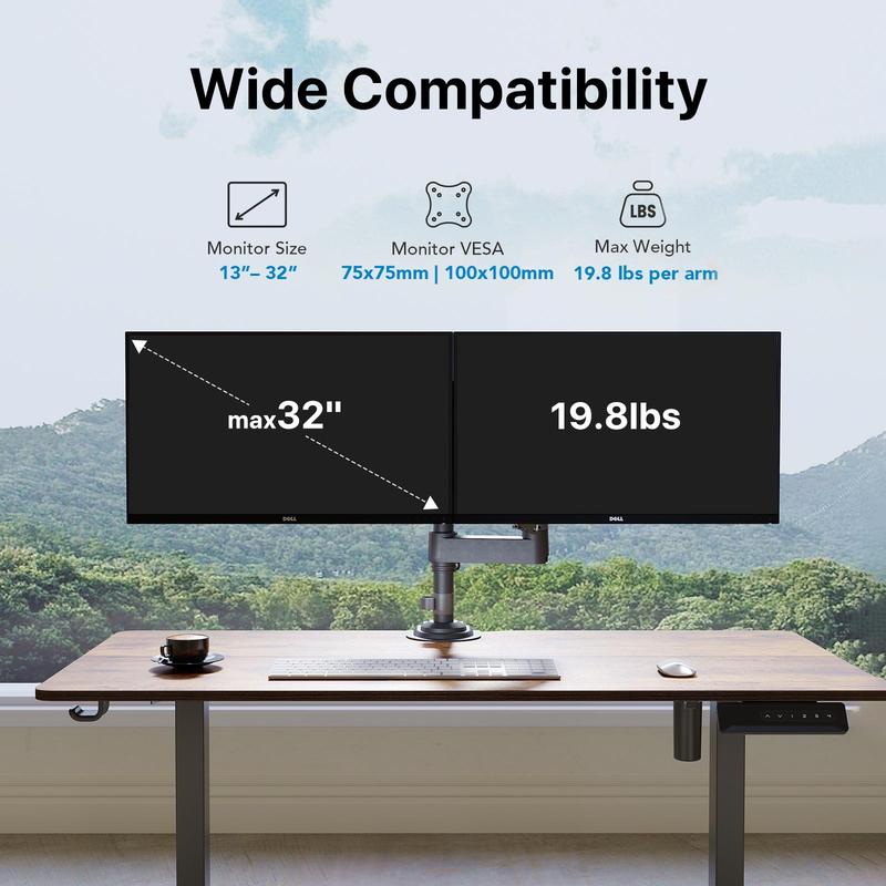 HUANUO Stackable Single/ Dual Monitor Arm - Adjustable Gas Spring Monitor Mount for Gaming and Home Office Setups, Monitor Stand Hold up to 34" with 19.8 lbs Max Weight and C-Clamp or Grommet Hole Mounting