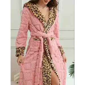 Women's Plush Long Robe, Soft Warm Hooded Bathrobe, Loose-Fit Winter Kint Fabric, Ideal for Bathtub & Spa Shower Room