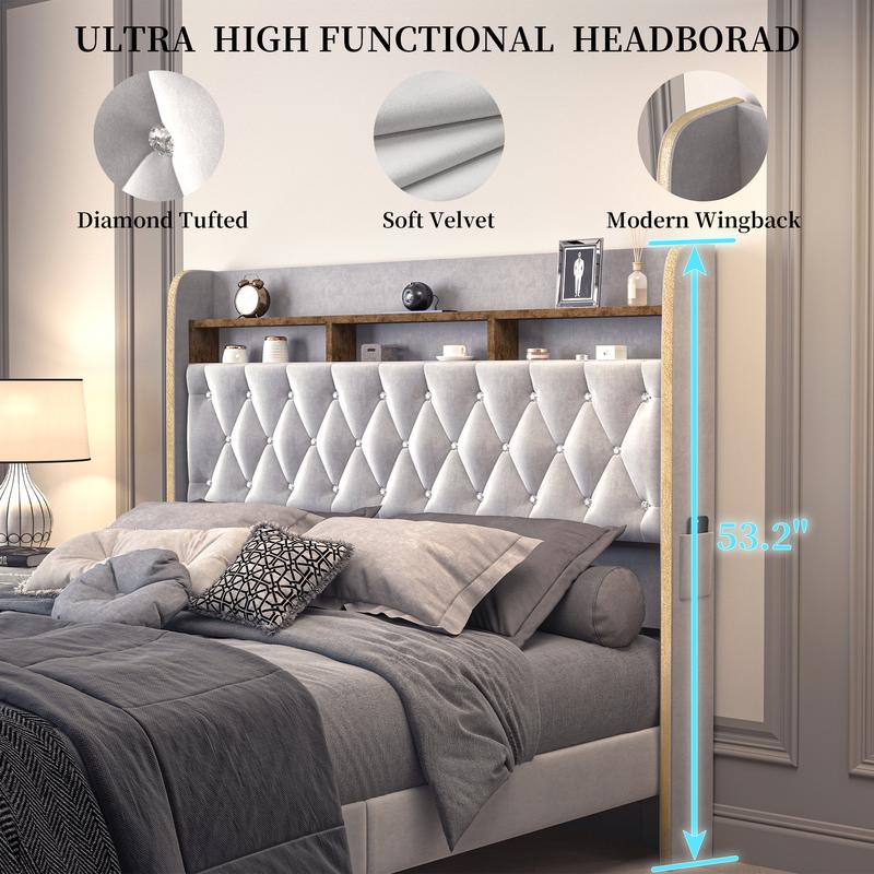 Queen LED Bed Frame with Storage Drawers, Full Size Upholstered Platform Beds with Galaxy Star Projector Charging Station Speaker, King Aurora Bedframe with 2-Tier Storage Headboard, Twin Bed, Noise-Free, PU Leather White Black, Velvet Gray Pink