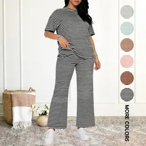 Women's New Striped Spring-Summer Set: Lightweight Breathable Fabric with Classic Stripes & Straight Leg Pants, Your Go-To Warm-Weather 2-Piece Womenswear Womenswear Womenswear