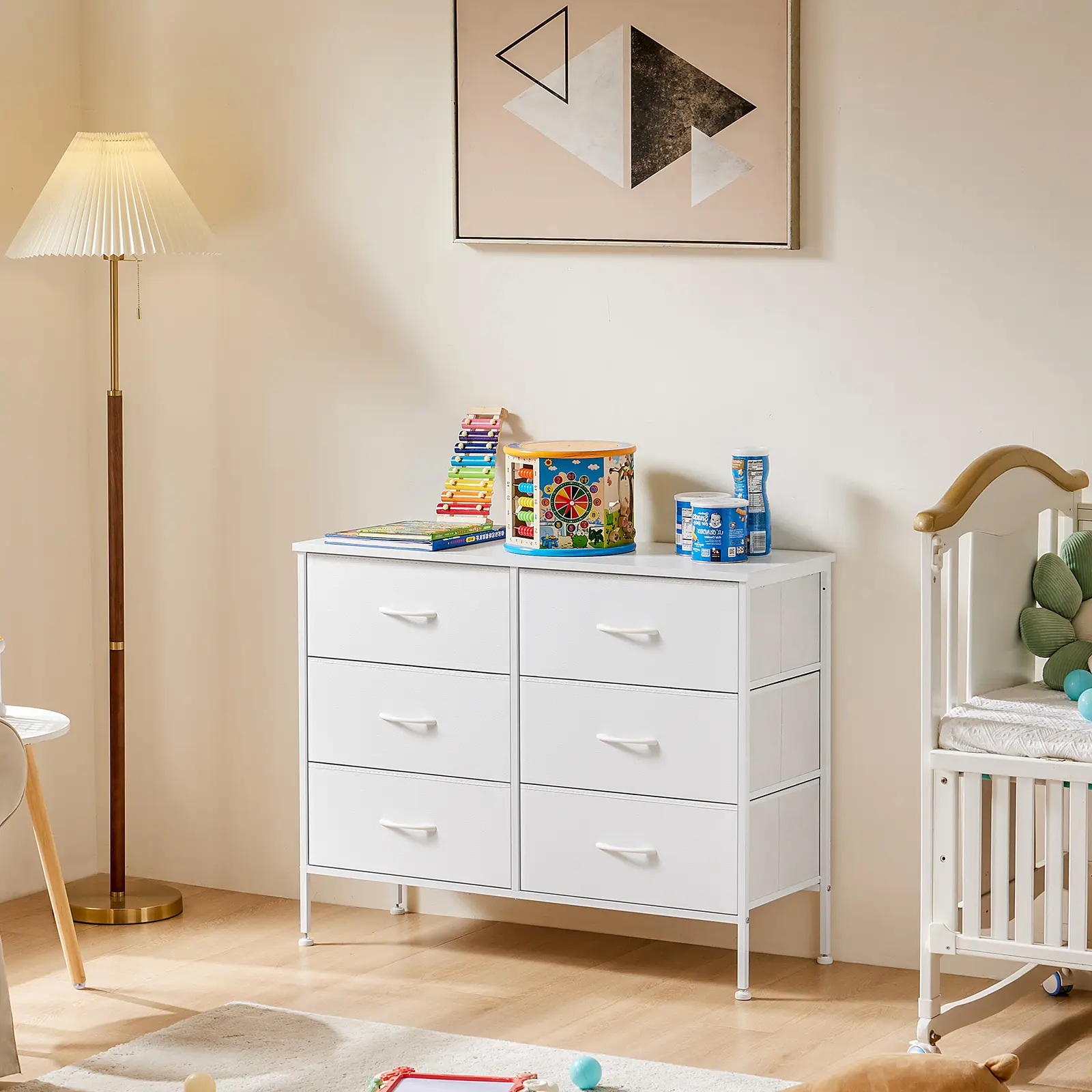White Drawer Dresser for Bedroom - 6 Fabric Drawers, Wide Modern Wood, Sturdy Freestanding Metal Frame, Wooden Top, Adjustable Legs, Waterproof, Space-Saving, 45" TV Stand, Sideboard Storage Cabinet (15-20 Kg, Requires Assembly) for Porch, Fabric Drawers
