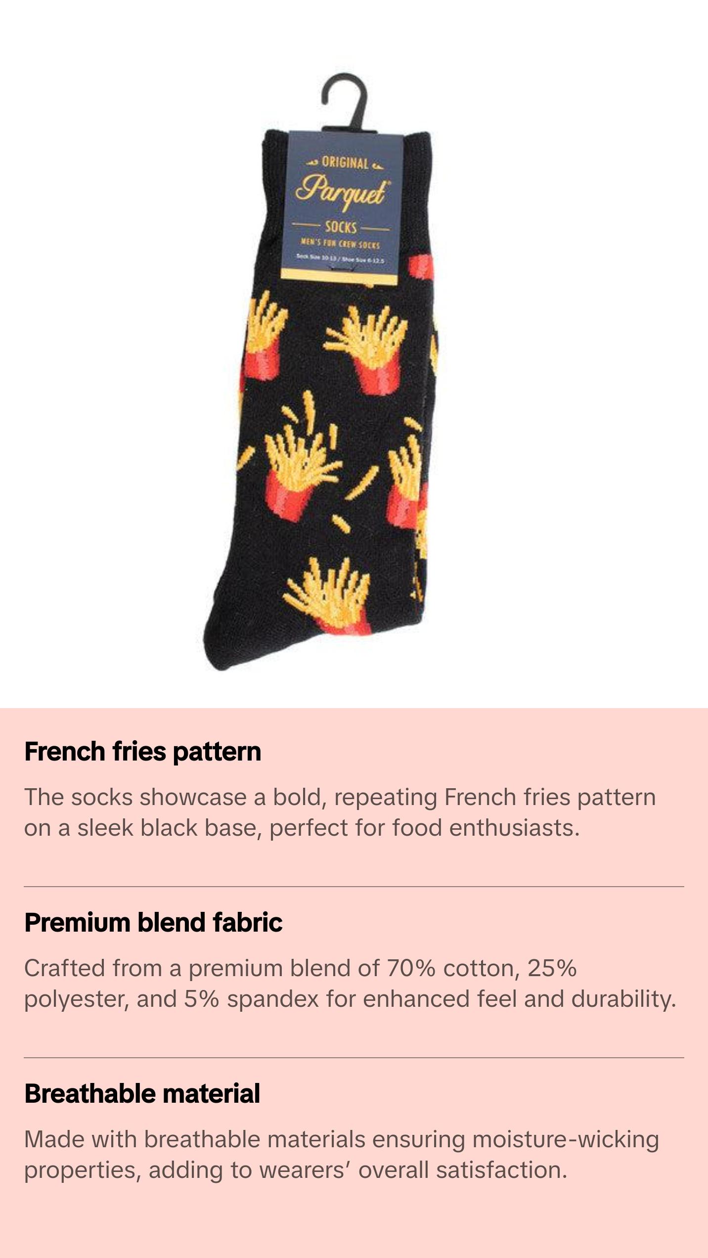 Parquet Men’s French Fries Pattern Novelty Crew Socks – Black