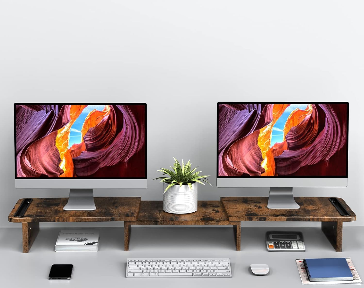 Wooden Dual Monitor Stand Riser with Adjustable Length and Angle for Desk Storage Space Rust Brown Ergonomic Home Office