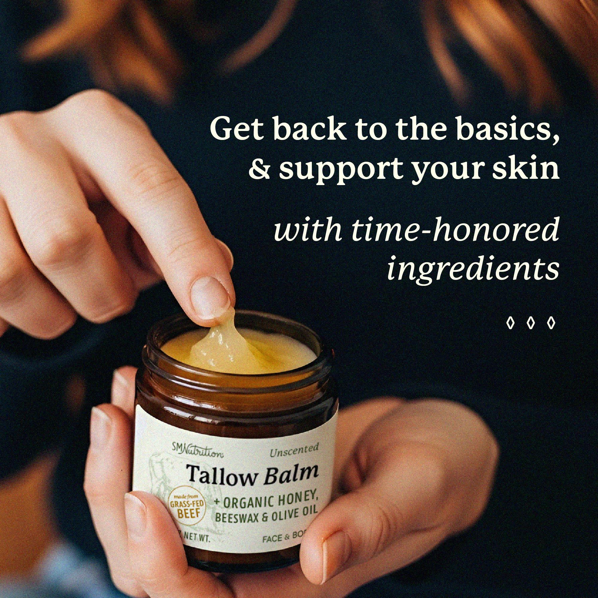 SMNutrition Unscented Tallow Balm with Organic Honey Beeswax & Olive Oil for Face & Body 2 oz Paraben BPA Cruelty Free Grass Fed Beef Tallow for Skin Support