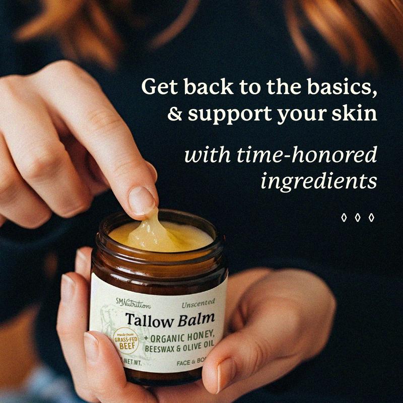 SMNutrition Unscented Tallow Balm with Organic Honey Beeswax & Olive Oil for Face & Body 2 oz Paraben BPA Cruelty Free Grass Fed Beef Tallow for Skin Support