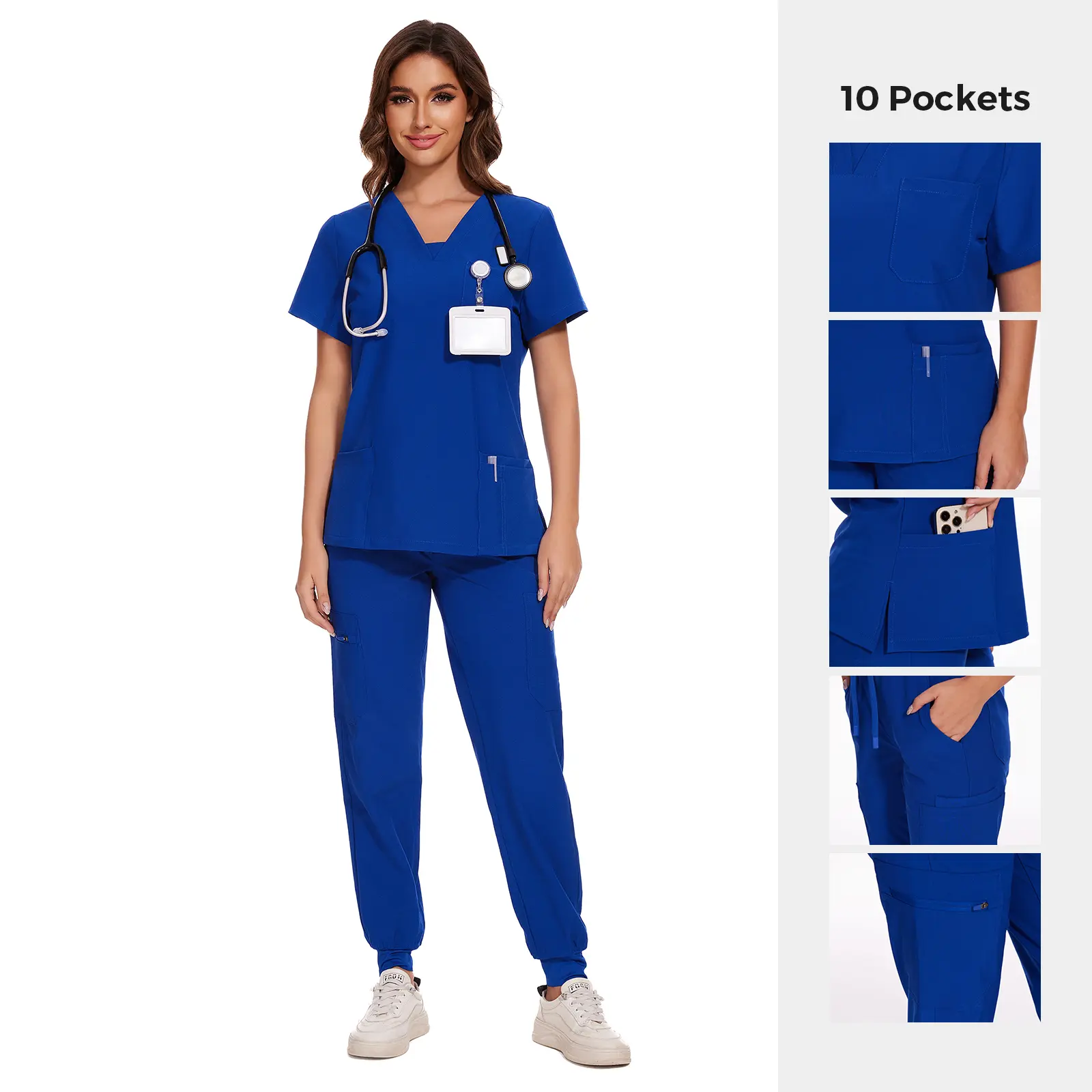 Cozyfit Women's Nova Vital 2-Piece Scrubs Set - V-Neck Top & Cargo Trouser Uniforms, 10 Pockets, Hospital Working Scrubs, Workwear Classic Comfort