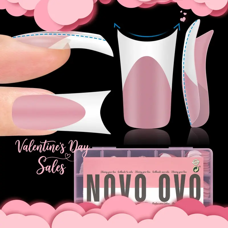 NOVO OVO White French Tip Duck Feet Nail Tips Full Cover for Press on Acrylic with Moon Curve, Thick Medim Long Pre-Etched Matter Flare Wide Soft Gel Fake False Nail Extension x 15 Sizes 150 pcs【NO GLUE ,TOP COAT AND LAMP INCLUDED】