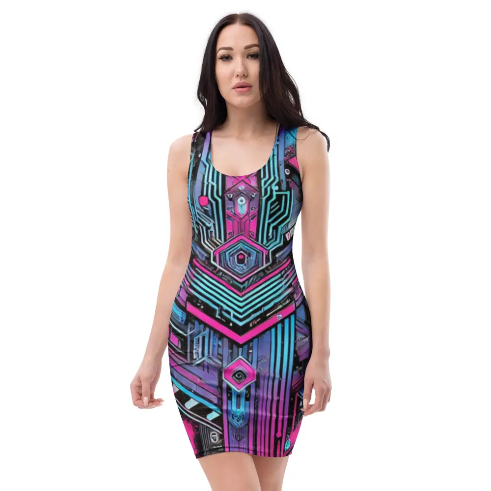 Cyberpunk Glitch Bodycon Dress, Neon Techwear Rave Outfit, Futuristic Festival Clothing, Sci-Fi EDM Partywear, Streetwear Dress Casual Fabric Womenswear Comfortable Fitted Spandex
