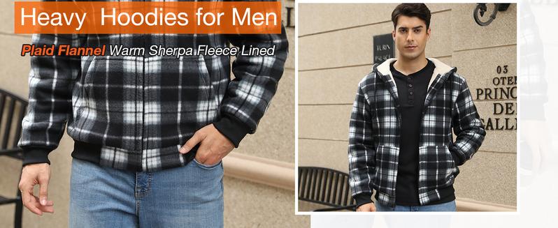 ZITY Heavy Thick jackets for Men Plaid Flannel Warm Sherpa Fleece Lined Winter Full Zip Up Coat with Hood Casual Fashion Sweatshirt Black Checked
