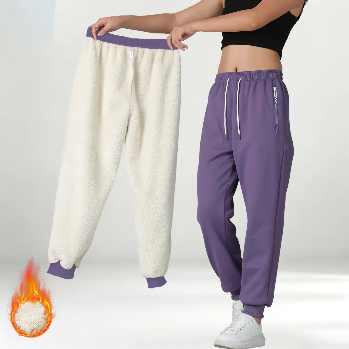 Women’s autumn/winter long pants, fleece-lined warm casual sports trousers with an elastic waistband and drawstring, zippered pockets, windproof and insulated, suitable for winter at home and for outdoor walking.