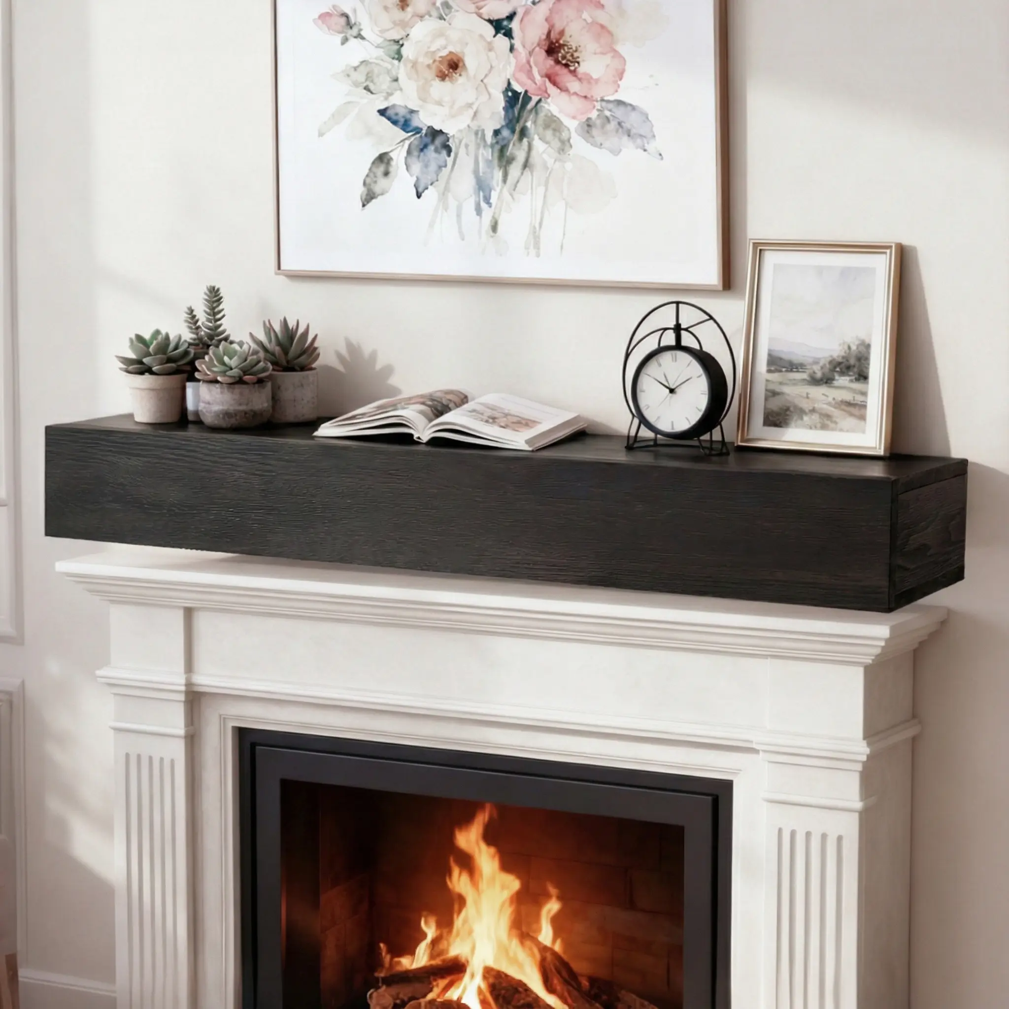 48 inches Wooden Rustic Cedar Fireplace Mantel - Wall Mount Hollow Metal Floating Shelf with Brushed Surface Finish for Home Decor, Living Room Use
