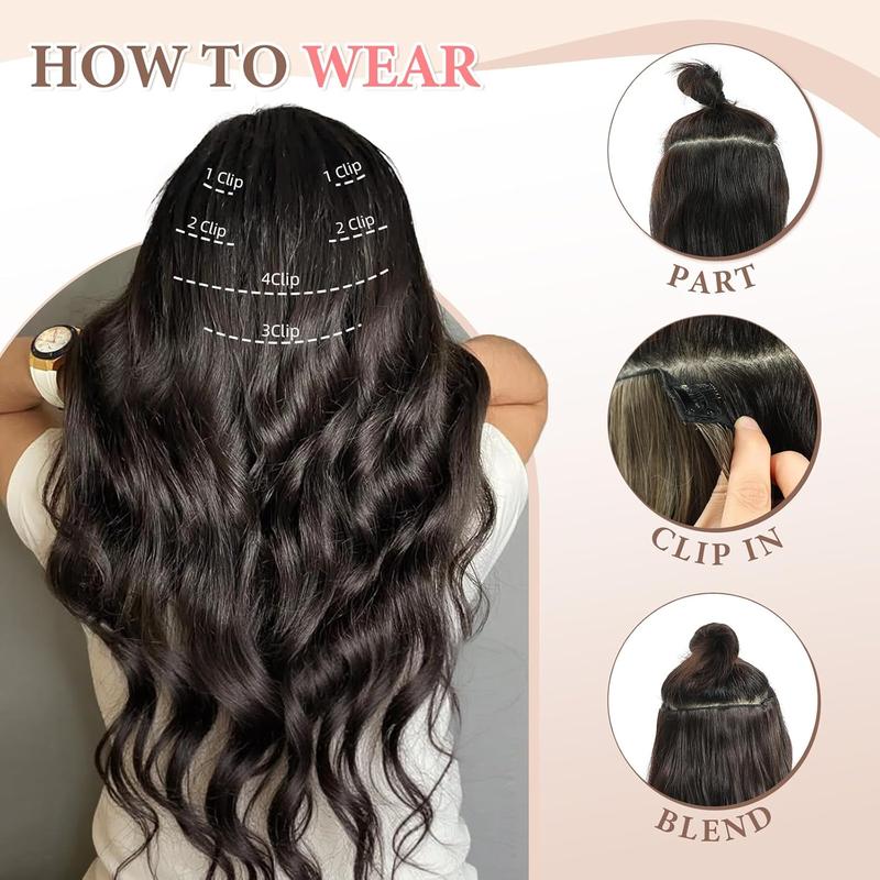 4Pcs Clip in Hair Extensions, Long Wavy Synthetic Hair Extension Clip in, 20 Inches Brown Black Hair Extensions for Women instant volume