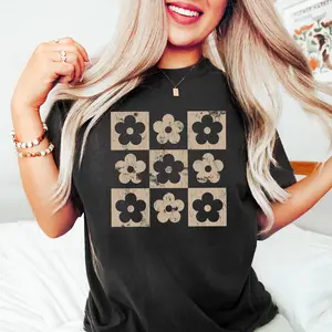 Checkered Flowers Shirt, Retro Flowers T-Shirt, Boho Floral T-Shirt, Gift For Mom, Spring T Shirt, Trendy Floral Oversized Tee