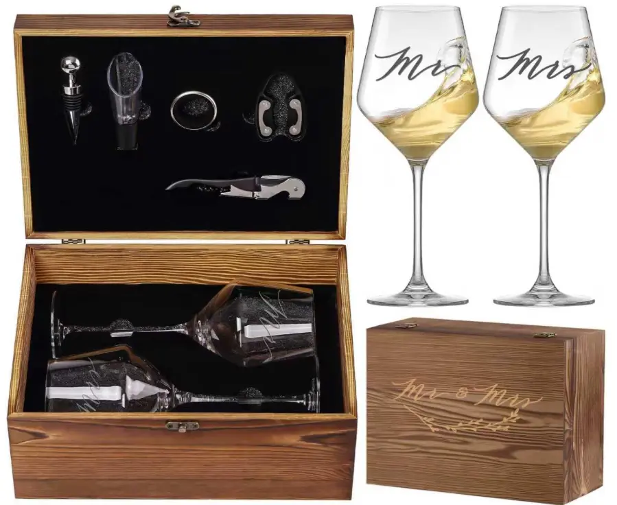 Mr Mrs Wine Glasses Gifts for Wedding/Engagement/Bridal Shower,Classy Engagement Present,WEDDING Gift for Couples,Women,Bride to be,Newlyweds-Wedding Keepsake Box Gift Set