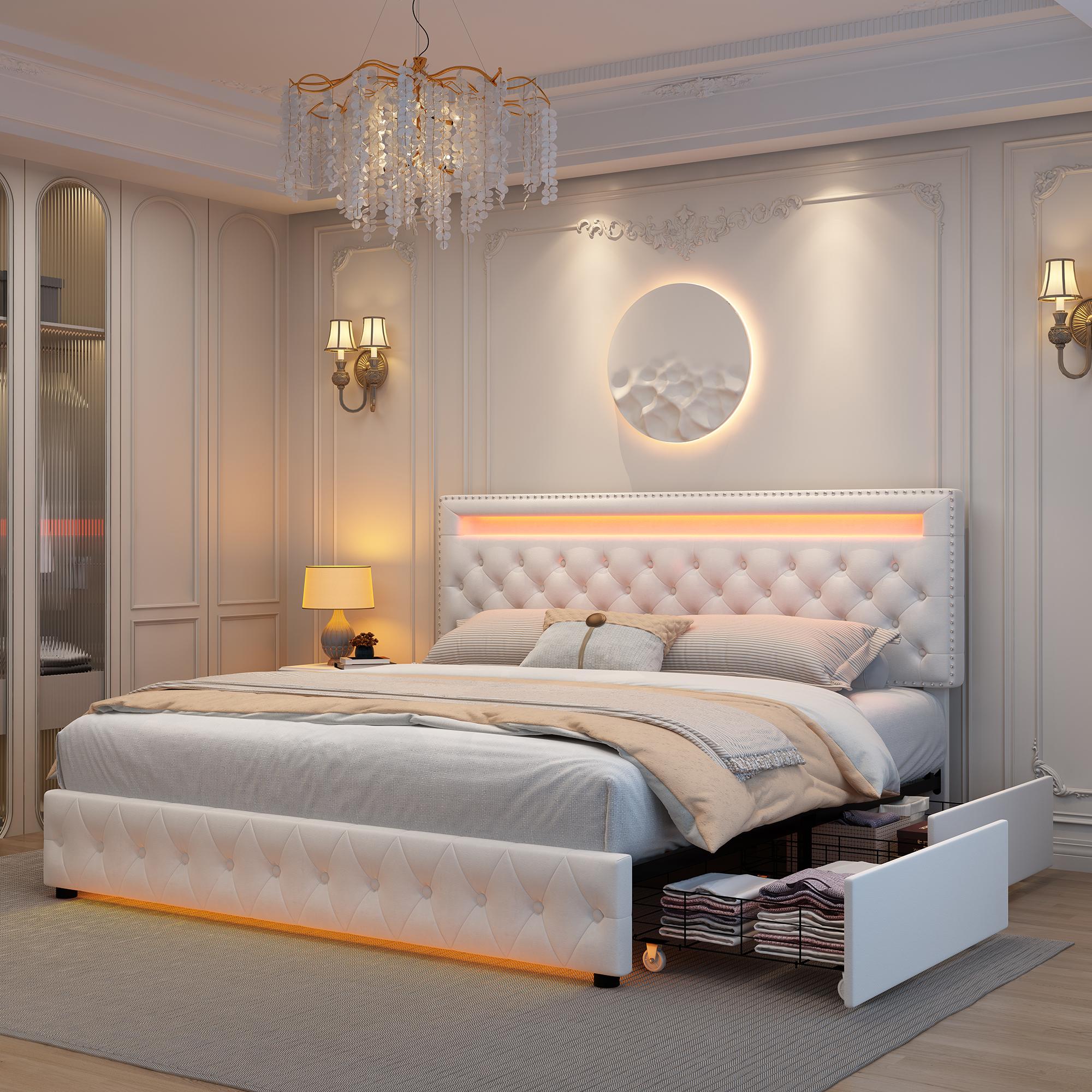 GEGOFORU LED Bed Frame King Size with Storage Drawers, Upholstered Modern Platform Bed, RGB Lights, No Box Spring Needed, Perfect Gift