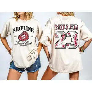 BojjiCo Women's Oversized Ribbed Kangaroo Pocket Garment-Dyed Sideline Social Club Baseball Mom Graphic T-Shirt - Beige Cream, Black, Short Sleeve, Custom Name Number Back Print, Retro Preppy Sporty Aesthetic, Matching Game Day Casual Comfort Top