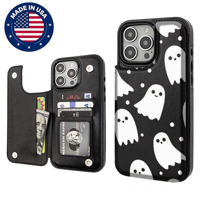 Halloween cute ghost Aesthetic Design Pattern Casing For iphone 16 15 14 13 12 Plus Pro Max Flaunt Mobile Phone Case TPU Pu Leather Card Holder Drop Protection Shockproof Protector Vintage unique Fashion Trend Anti-scratch Stylish Smartphone Cover