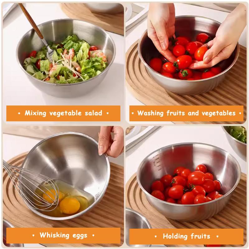 Four-piece mixing bowl set, stackable kitchen bowls with anti-slip bottoms, stackable food preparation bowls suitable for baking, cooking, salad making, dough mixing, stirring, meal preparation, serving and kitchen storage.