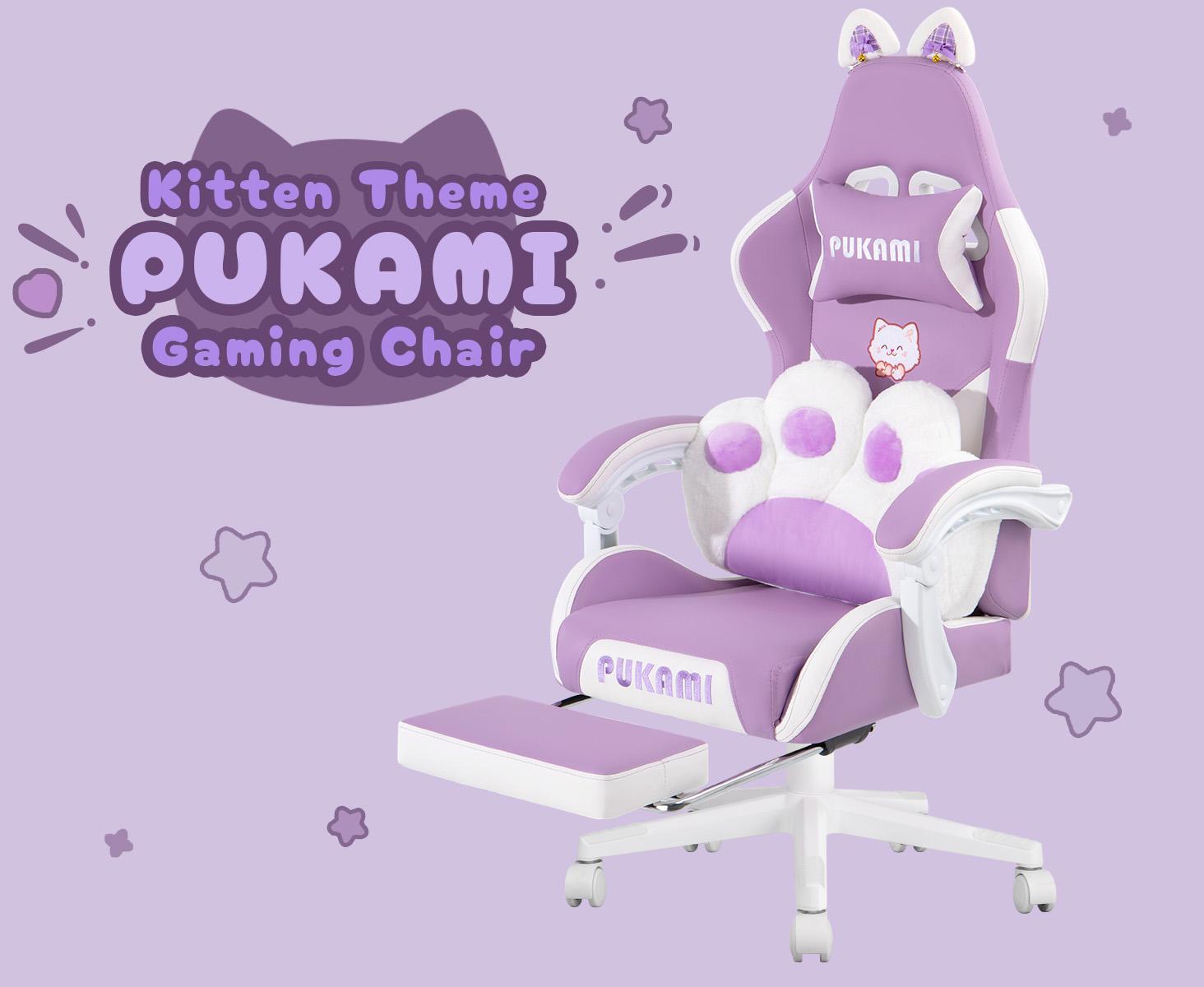 PUKAMI Pink Gaming Chair with Cute Cat Ears and Cat Paw Cushion Pillow,Ergonomic Gaming Chair for Teen with Footrest and Headrest Pillow,Pink Reclining Game Chair for Girl