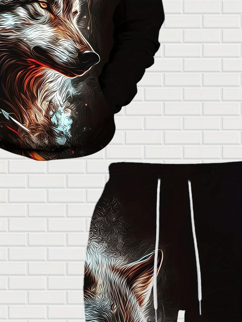 Men's casual 2-piece set, lion ink print hoodie and sweatpants, spring and autumn fashion outfit