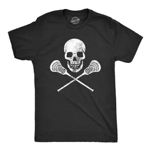 Mens Lacrosse Skull T Shirt Funny Lax Sports Skull and Crossbones Graphic Novelty Tee Mens Funny T Shirts Cool Vintage Fashion T-Shirt Gift Classic Menswear Funny  Short Sleeve Novelty Tees for Guys Black