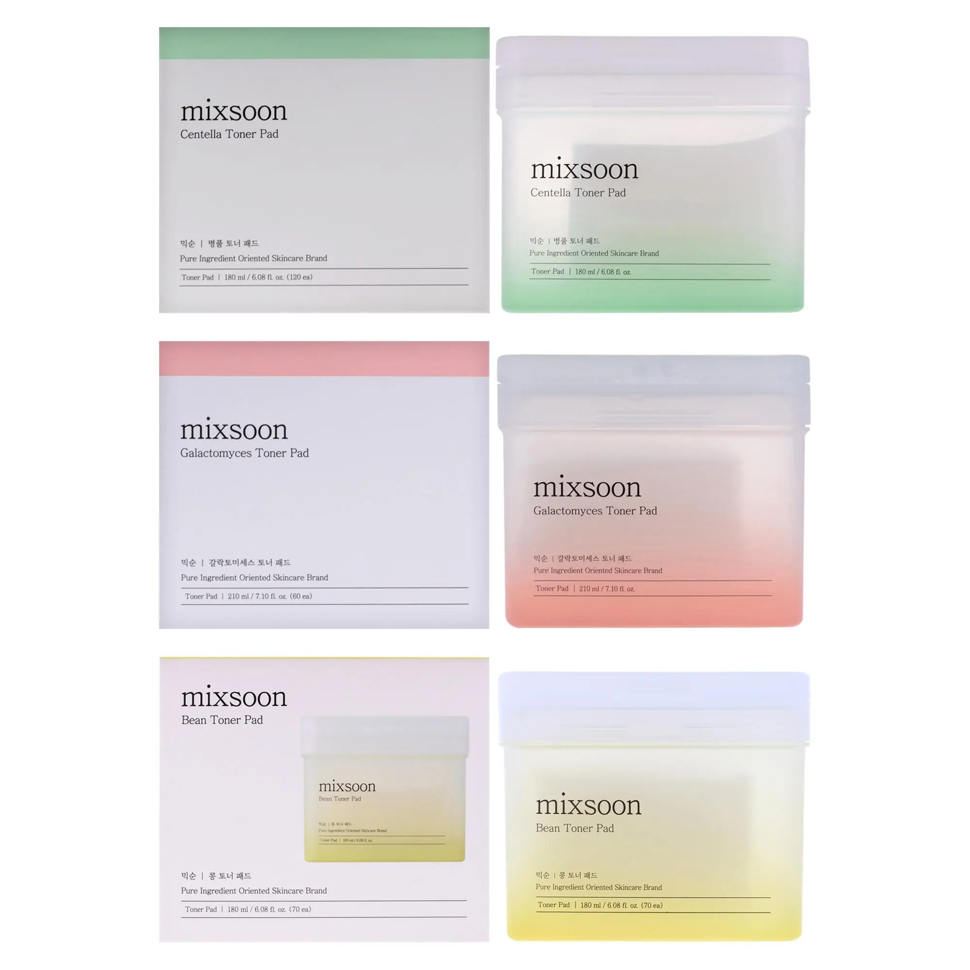 Mixsoon Pads Kit by Mixsoon for Unisex - 3 Pc Kit 120Pc Toner Pad - Centella, 60 Toner Pad - Galactomyces, 70Pc Toner Pad - Bean