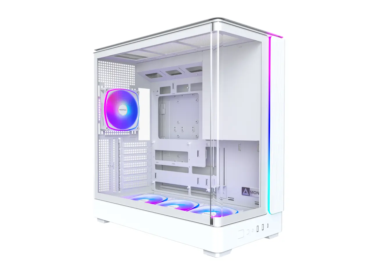 MONTECH KING 45 PRO ATX PC Case, Curved Panoramic Glass, Chimney Airflow, 360mm Radiator Support, Compact Build for High-Performance Systems, 6 ARGB PWM Fan Pre-Installed with Fan Hub, White