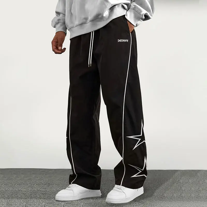 Men's Reflective Star Baggy Pants, Y2K Streetwear Wide Leg Trousers, Loose Fit Hip Hop Cargo Style Pants, Trendy Casual Streetwear
