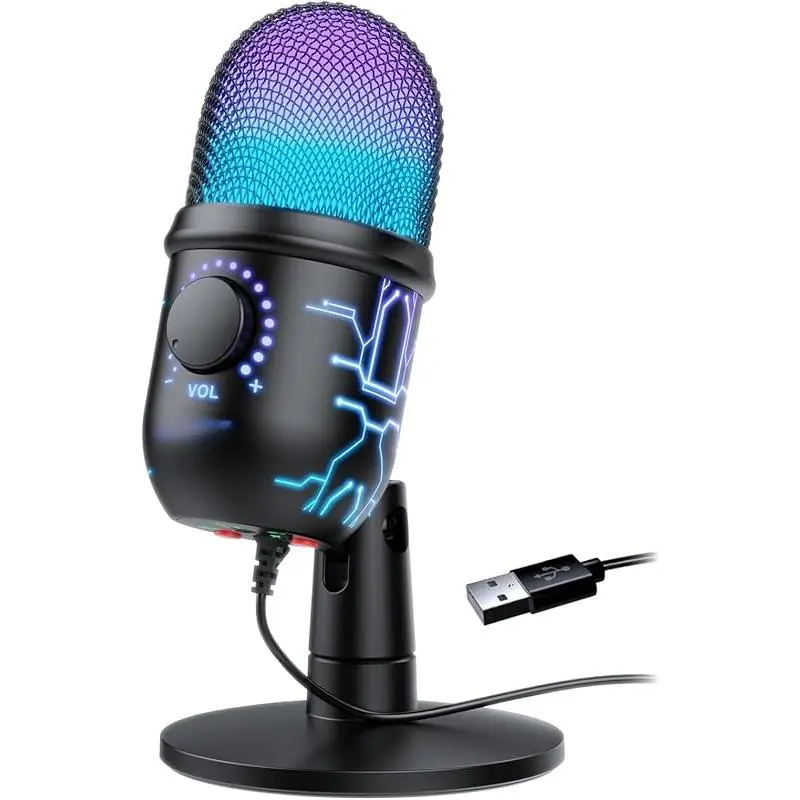 USB Stereo Gaming Condenser Microphone - Audio Streaming Equipment for PC, Mac, PS4/5, with Plug-and-Play Design, Headphone Jack, LED Light, Mute Button, Gain Control, Noise Cancellation, Desk Stand, Condenser Capsule