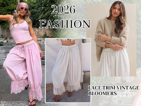【SS26 Collection】TARSE Women Linen Lace Trim Long Bloomers Pants Ruffle Vintage Pantaloons Summer Beach Travel Vacation Cute Boho Pants with Pockets