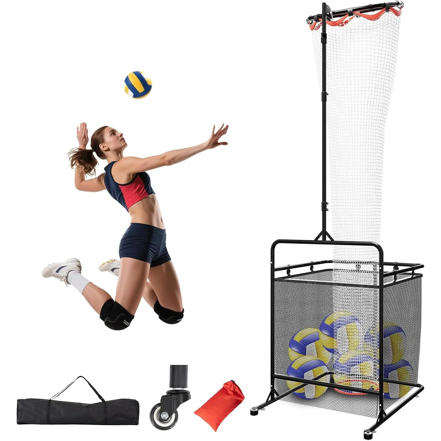 Volleyball Setter Training Net with Dual Removable Target Hoops, 60-118in Height, 6 Angles - Portable Setting Equipment with Volleyball Balls Collection Net, Sandbags, Suction Cups for Indoor/Outdoor Solo Practice, Mesh Net