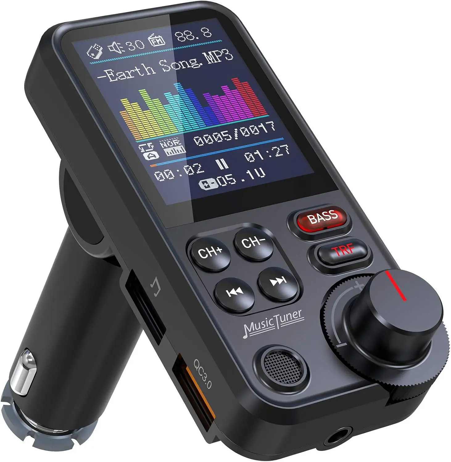 KM30 Bluetooth Car Adapter - 12V LED FM Transmitter with 1.8" Color Screen, Strong Mic, QC3.0 Support, Treble & Bass Player, Wireless Radio Receiver, AUX/TF/USB Compatibility, ABS Build, Aftermarket Car Stereo & Media Display Support, Plug-And-Play, Hands