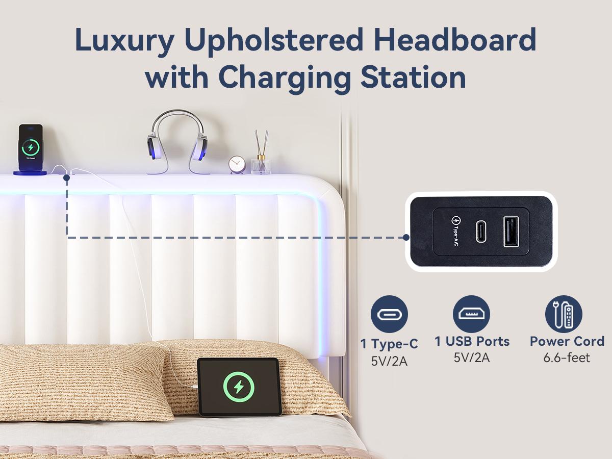 TryLazy【 LED 】 Bed Frame with USB Charging Station App Controlled Adjustable Headboard Lighting Modern Upholstered Platform No Noise No Box Spring Bedroom Furniture Gift
