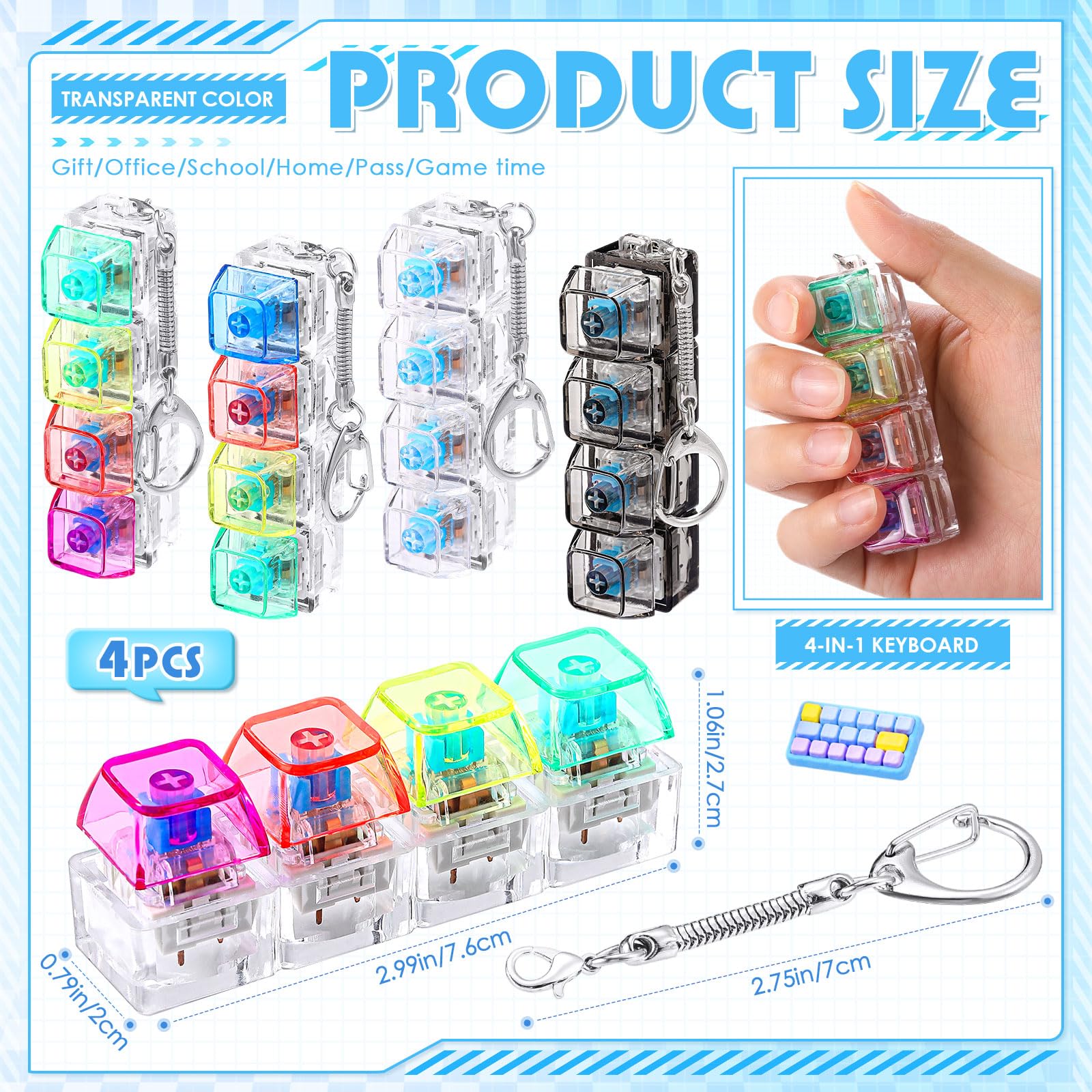 4/5 Pcs Keyboard Fidget, 4-In-1Decompression Button Keychain, Stress Relief Finger Clicker in 5 Styles, Valentines Galentines Gift for Office School Home to Pass The Time, Galentine Party Favor Valentine Basket Filler