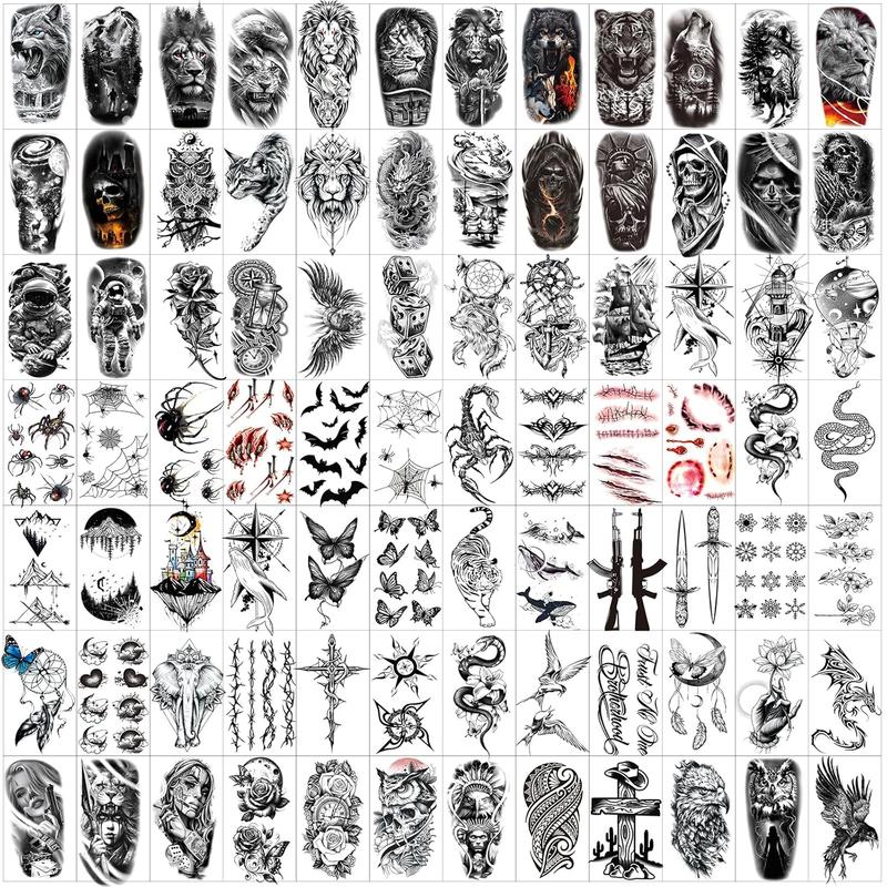 82 Sheets Temporary Tattoo for Men Women Adults, Include 12 Sheets Black 3D Half Sleeve Temporary Tattoos, Halloween Tattoos Scary Lion Wolf Tiger Skull Skeleton Tattoos Stickers 82 Sheets Temporary Tattoo for Men Women Adults, Include 12 Sheets Black 3D Half Sleeve Temporary Tattoos, Halloween Tattoos Scary Lion Wolf Tiger Skull Skeleton Tattoos Stickers
