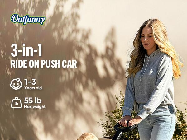 Hikiddo 3-in-1 Push Car with Handle, Kids Ride on Toy for Toddler Aged 1-3, Music & Light