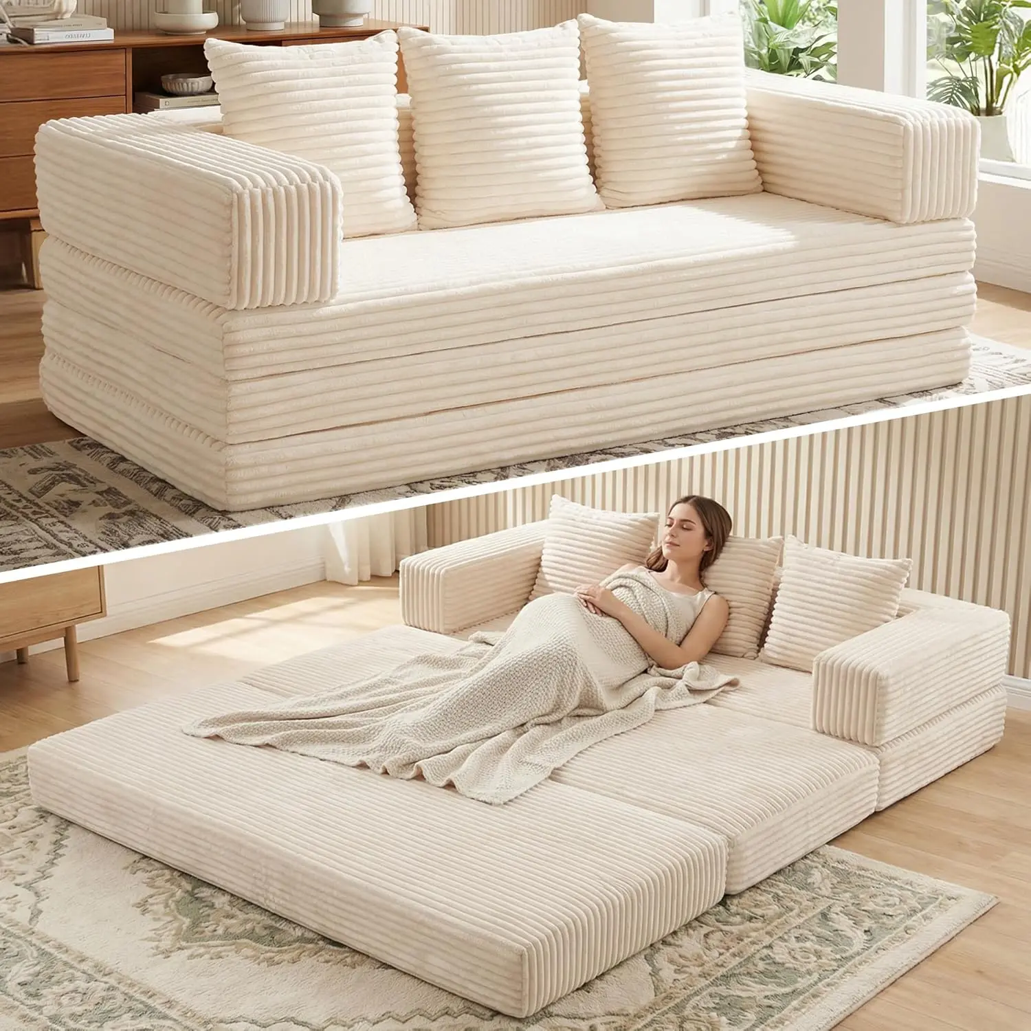 Winzoo 78-in Oversized Corduroy 4-in-1 Boneless Futon Set, Foldable Convertible Couch Bed Sleeper Sofa with Removable Armrests & Backrest (Removable Parts), Armless Option for Living Room, Bedroom